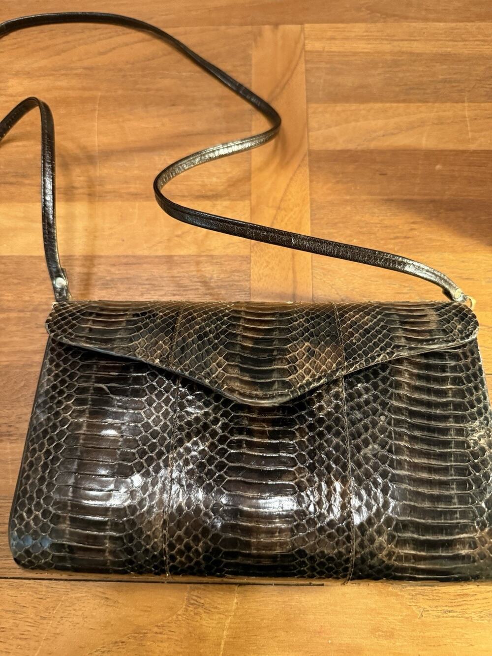 Vintage Gabrielli Snakeskin Shoulder Bag Brown Envelope Purse Hong Kong 9x6